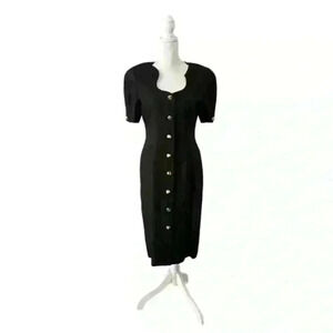 Black Midi Dress with Hold Buttons Vintage Adele Simpson Size 10